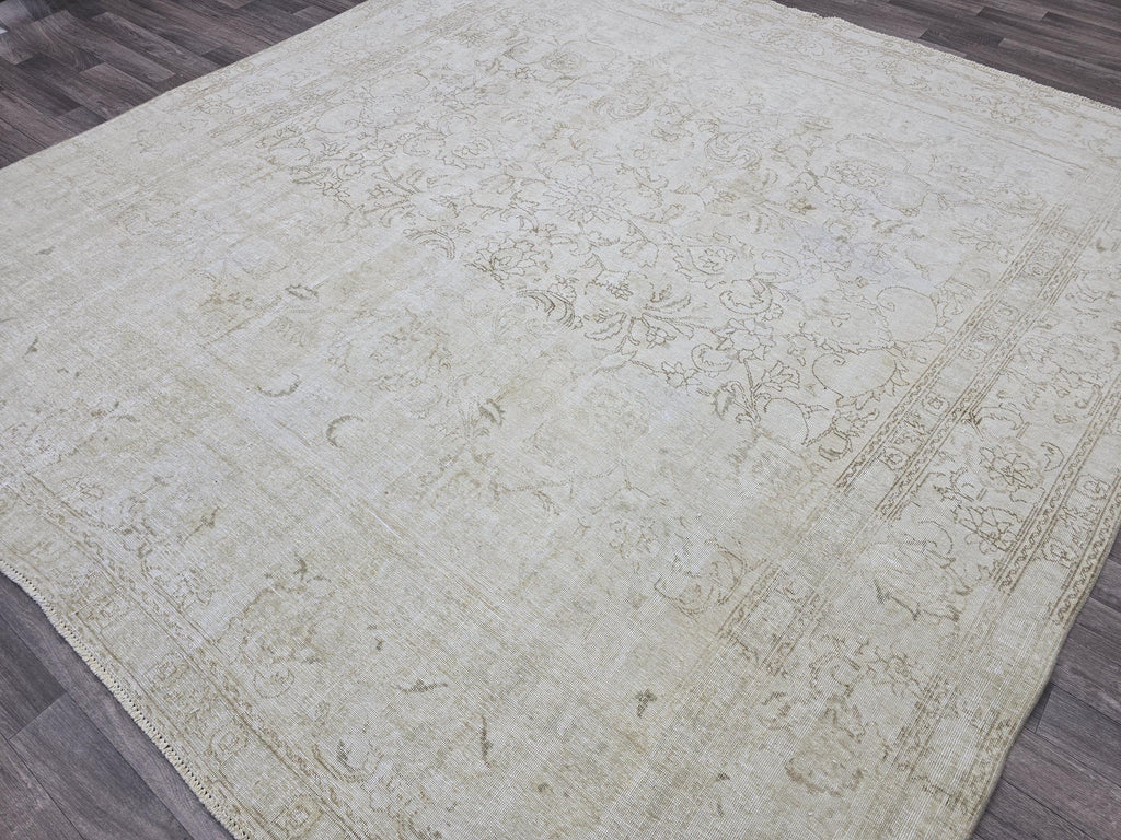 Square Vintage Persian Rug: 9x10 Cream Beige Wool Carpet