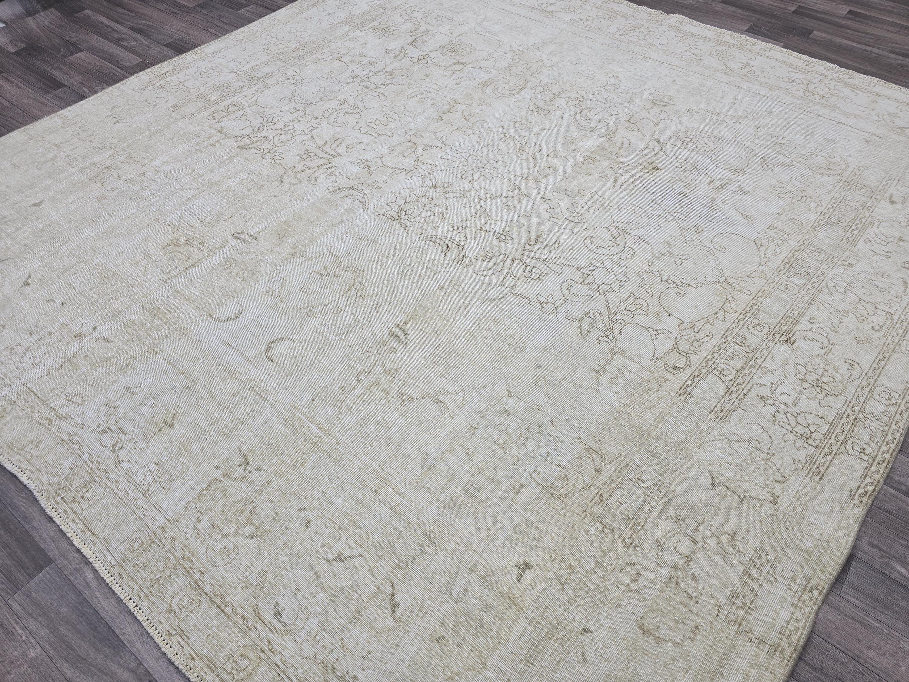 Square Vintage Persian Rug: 9x10 Cream Beige Wool Carpet