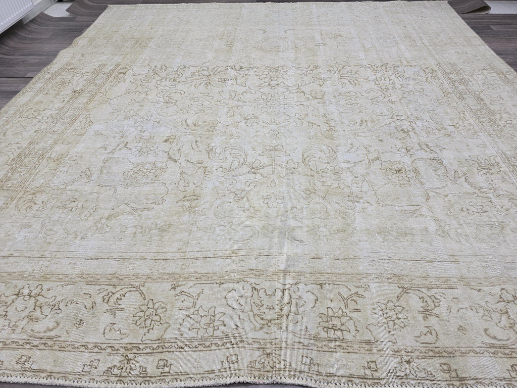 Square Vintage Persian Rug: 9x10 Cream Beige Wool Carpet