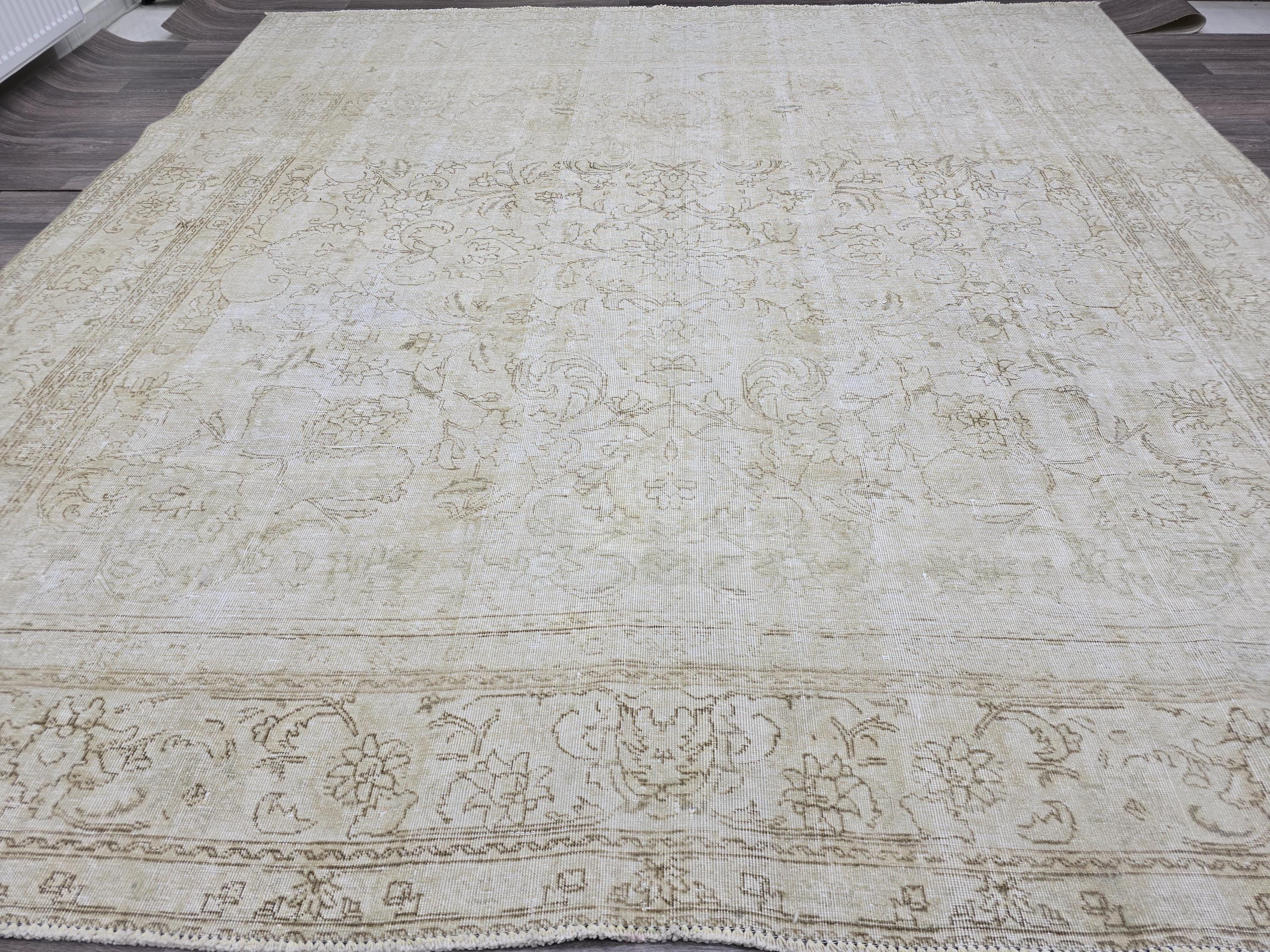 Square Vintage Persian Rug: 9x10 Cream Beige Wool Carpet