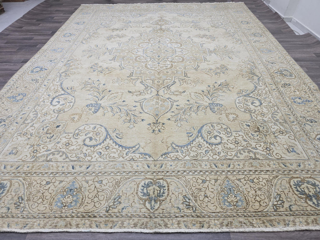 Vintage Turkish Oushak Rug: 10x13 Beige & Blue Handknotted Wool Carpet