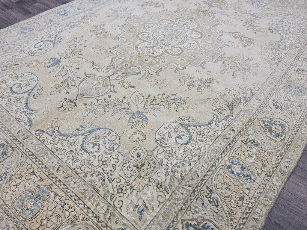 Vintage Turkish Oushak Rug: 10x13 Beige & Blue Handknotted Wool Carpet