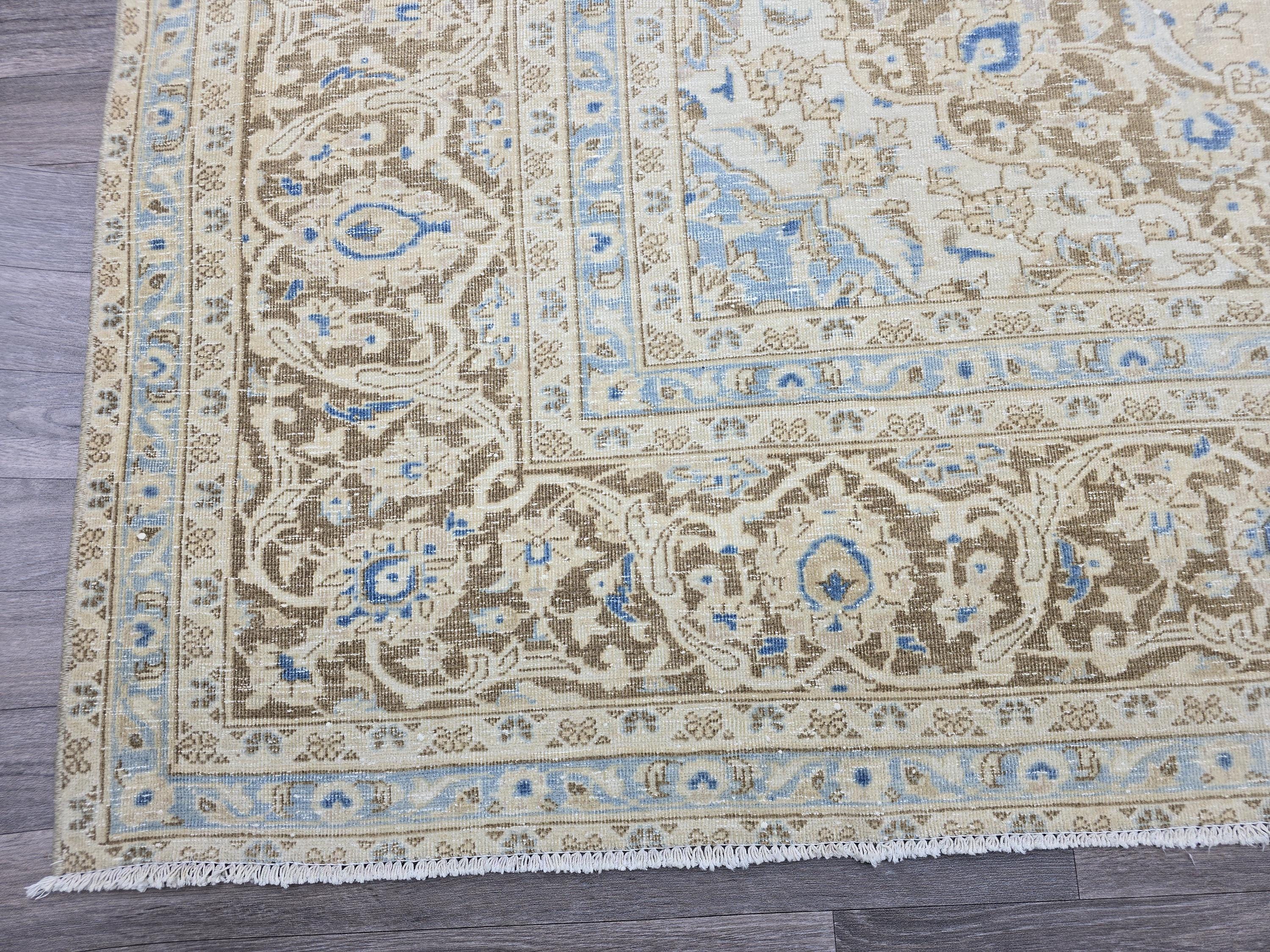 Vintage Oushak Rug 9x12: Handmade Wool, Blue Beige Floral Medallion