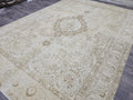 Vintage Turkish Oushak Rug: 9x12 Beige Wool Handmade Carpet