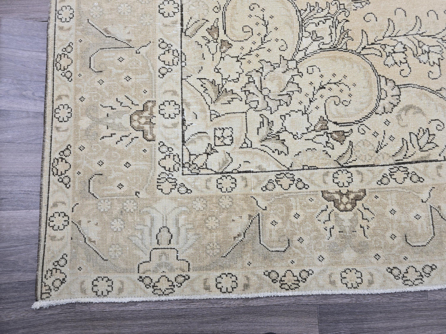 9x12 Oversized Vintage Oushak Rug: Distressed Tan Wool Medallion