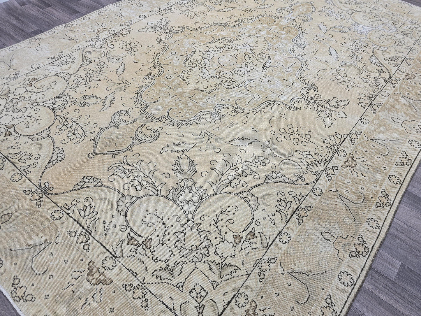 9x12 Oversized Vintage Oushak Rug: Distressed Tan Wool Medallion