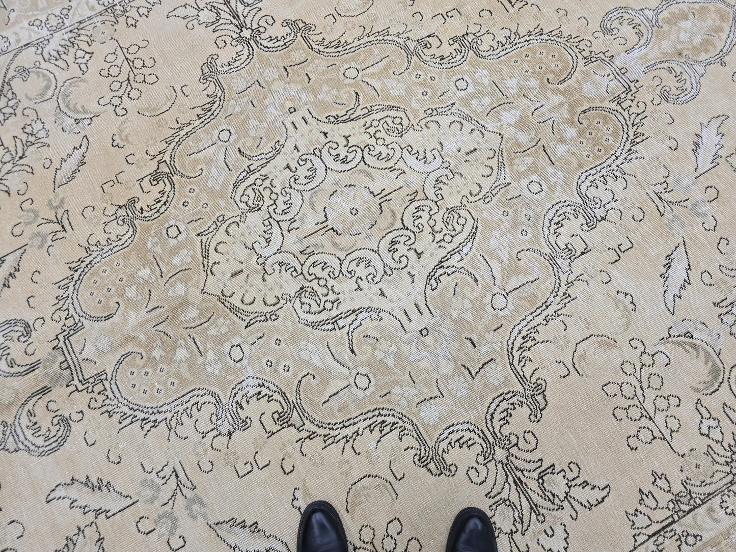 9x12 Oversized Vintage Oushak Rug: Distressed Tan Wool Medallion