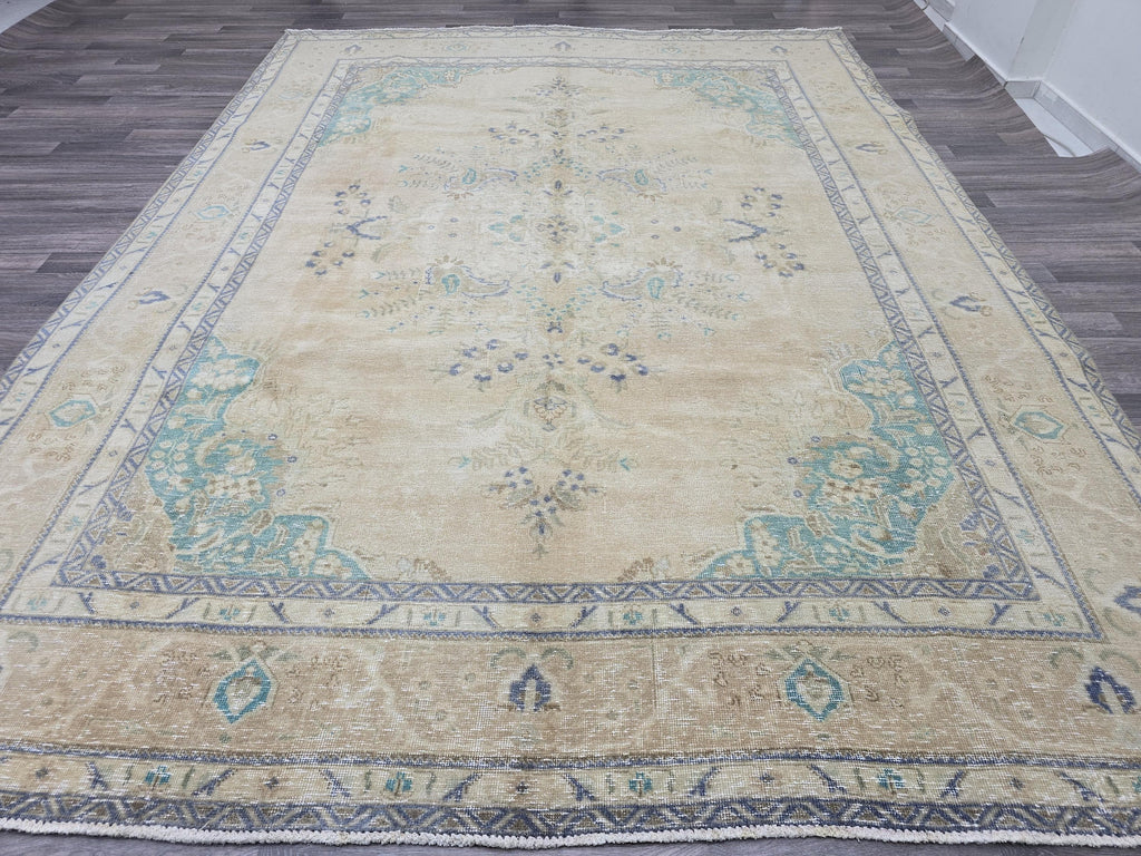 Vintage Turkish Oushak Rug 8x11: Handwoven Wool, Muted Blue Beige