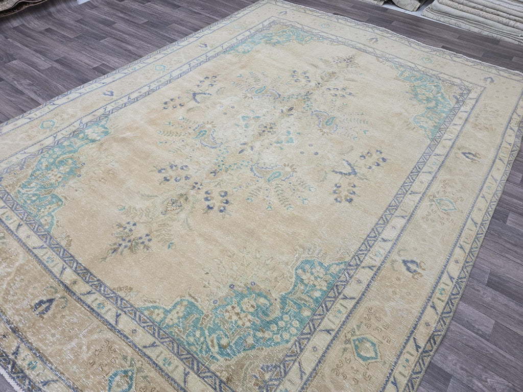 Vintage Turkish Oushak Rug 8x11: Handwoven Wool, Muted Blue Beige