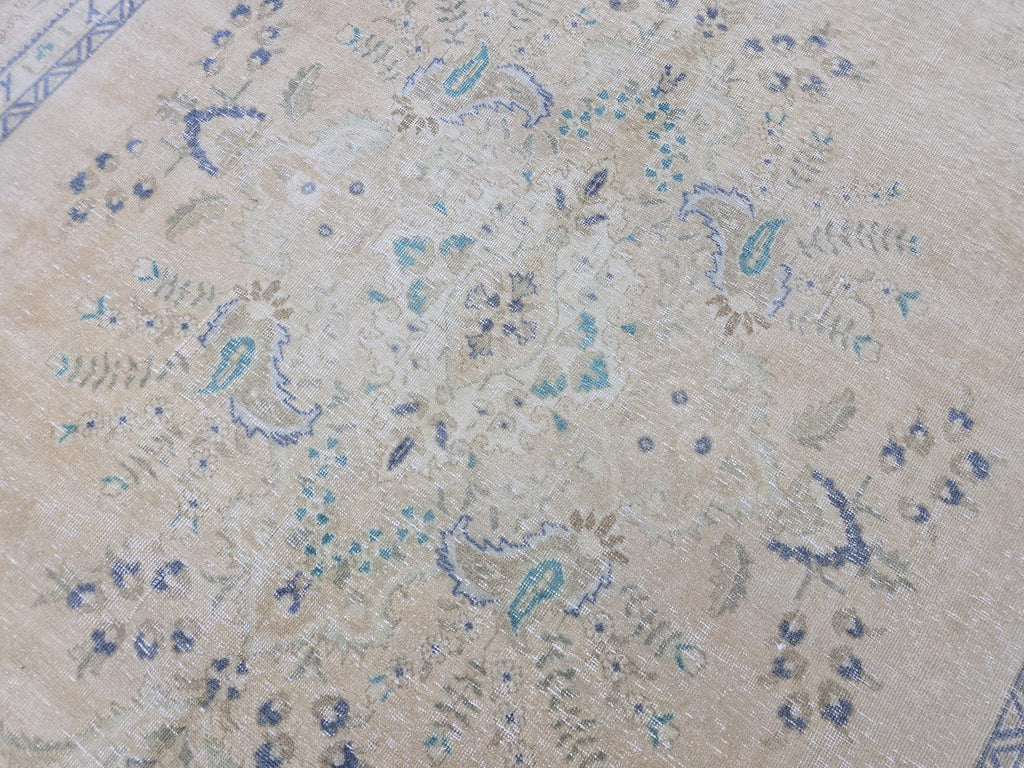 Vintage Turkish Oushak Rug 8x11: Handwoven Wool, Muted Blue Beige