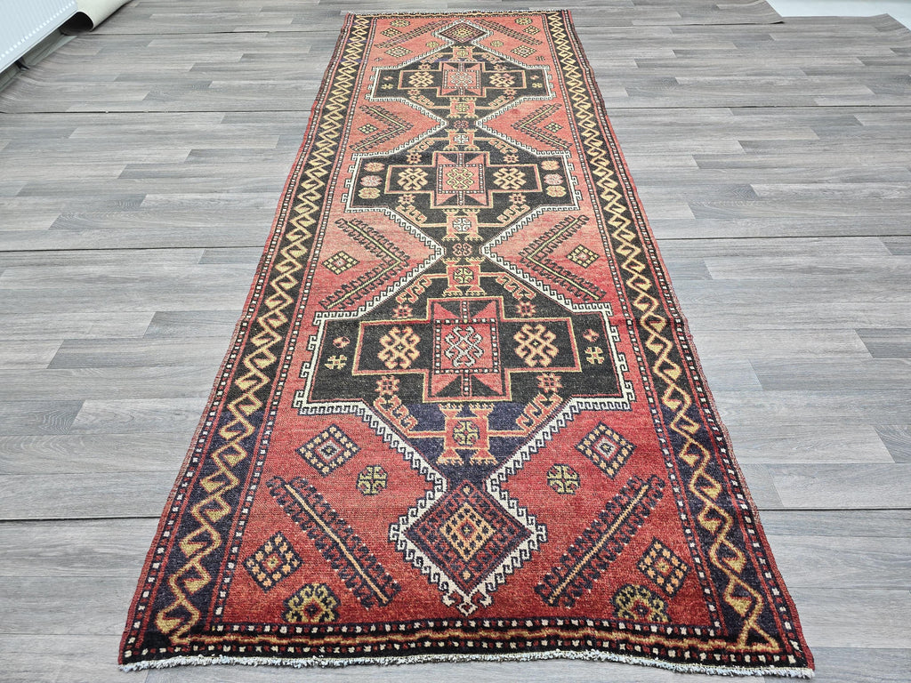 Vintage Turkish Runner Rug: 4x10 Handwoven Wool Oushak Hallway Carpet