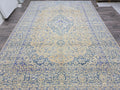 Vintage Handwoven Persian Keshan Rug: Cream & Blue Wool Carpet (9.2x12.9 ft)