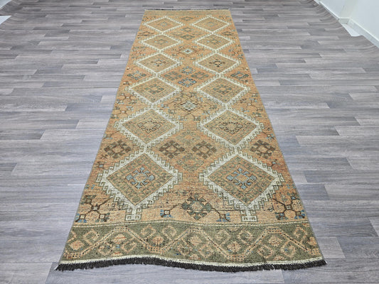 4x11 Vintage Turkish Runner Rug Wide Handknotted Oushak Wool Hallway Runner Beige Muted Peach Geometric Diamond Pattern Neutral Decor