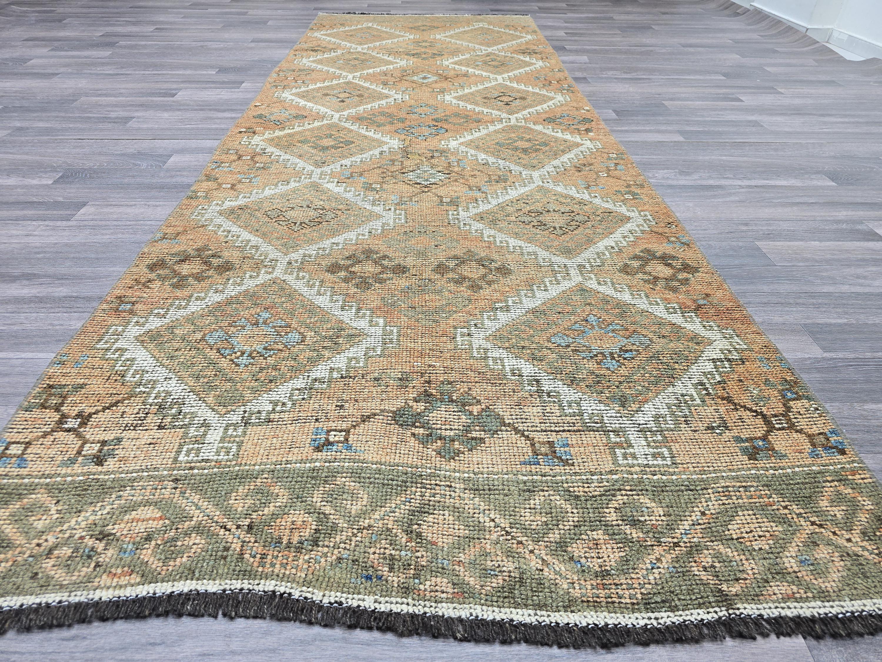 Vintage Turkish Oushak Runner Rug: Handknotted Wool Hallway Rug (4x11)