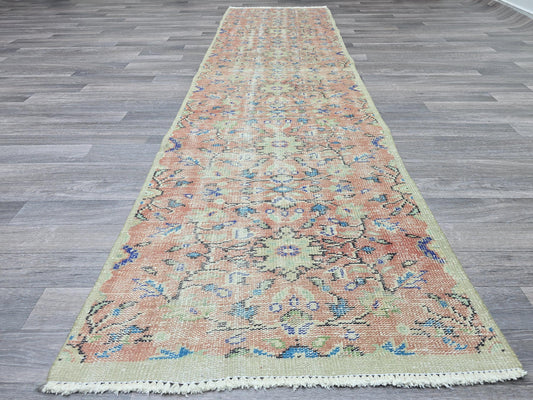 Vintage Turkish Runner Rug 2.8x9.7 ft | Handknotted Oushak Hallway Runner | Muted Pink Beige Wool Runner Boho Home Decor