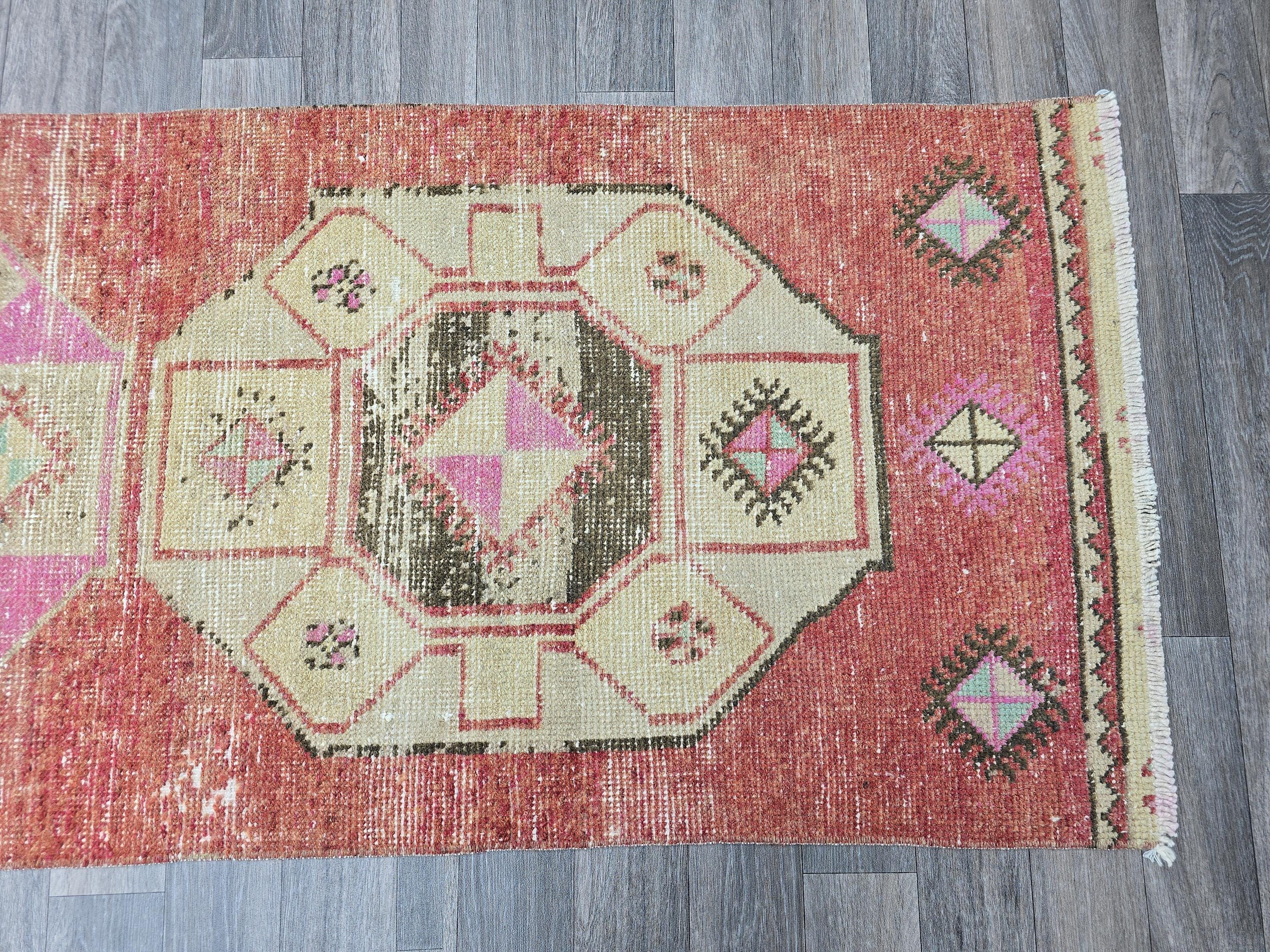 Vintage Turkish Runner Rug: Coral Oushak Medallion Hallway Carpet