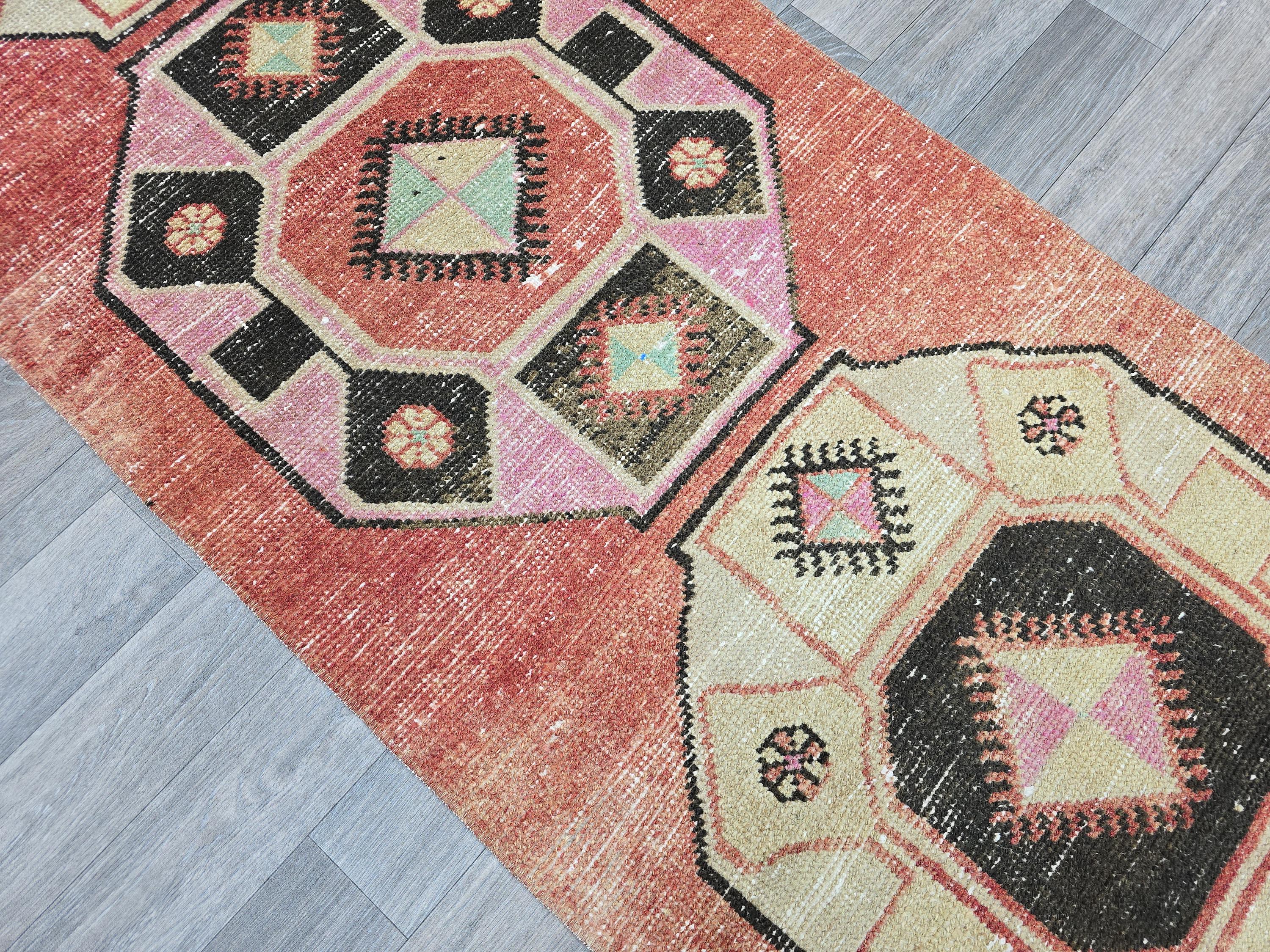 Vintage Turkish Runner Rug: Coral Oushak Medallion Hallway Carpet