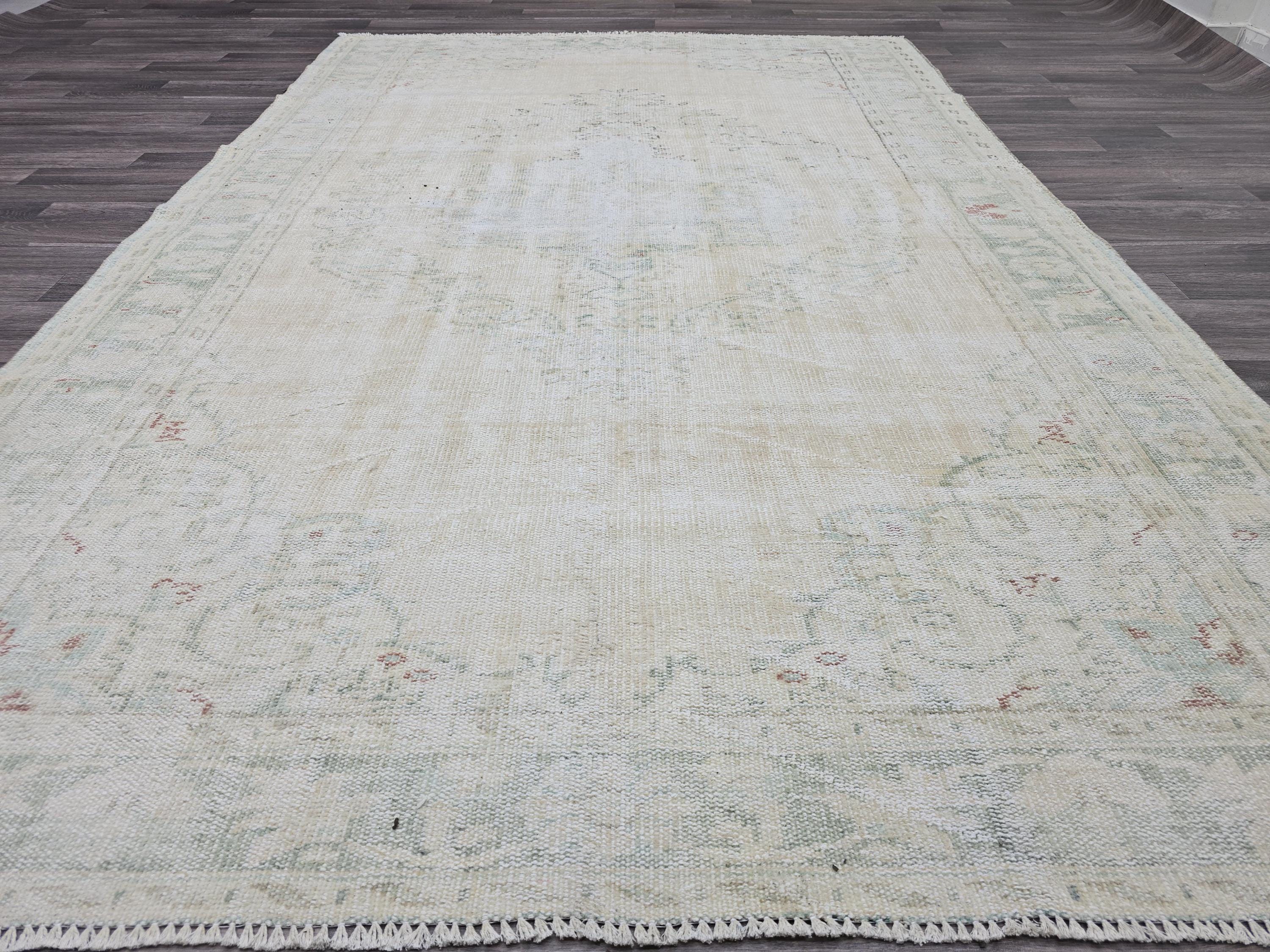 Vintage Oushak Rug 6x9: Hand-Knotted Turkish Wool Rug, Cream & Mint