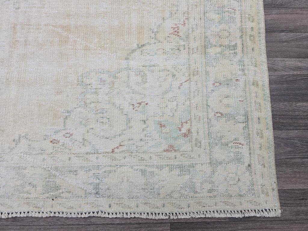 Vintage Oushak Rug 6x9: Hand-Knotted Turkish Wool Rug, Cream & Mint