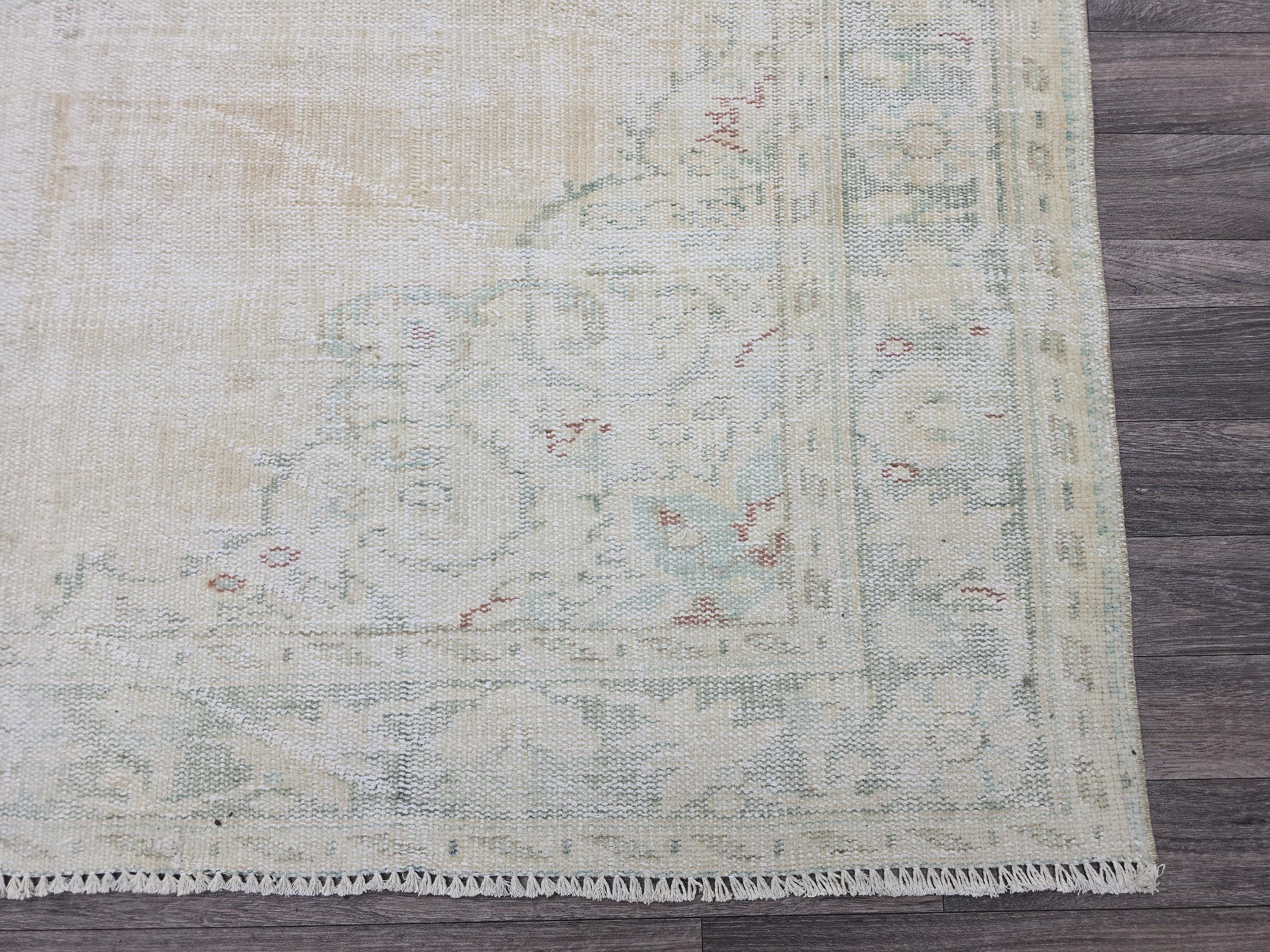 Vintage Oushak Rug 6x9: Hand-Knotted Turkish Wool Rug, Cream & Mint