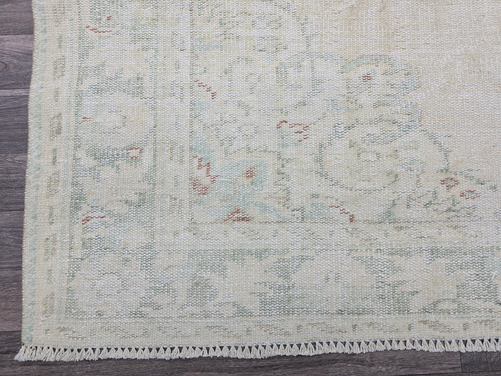 Vintage Oushak Rug 6x9: Hand-Knotted Turkish Wool Rug, Cream & Mint