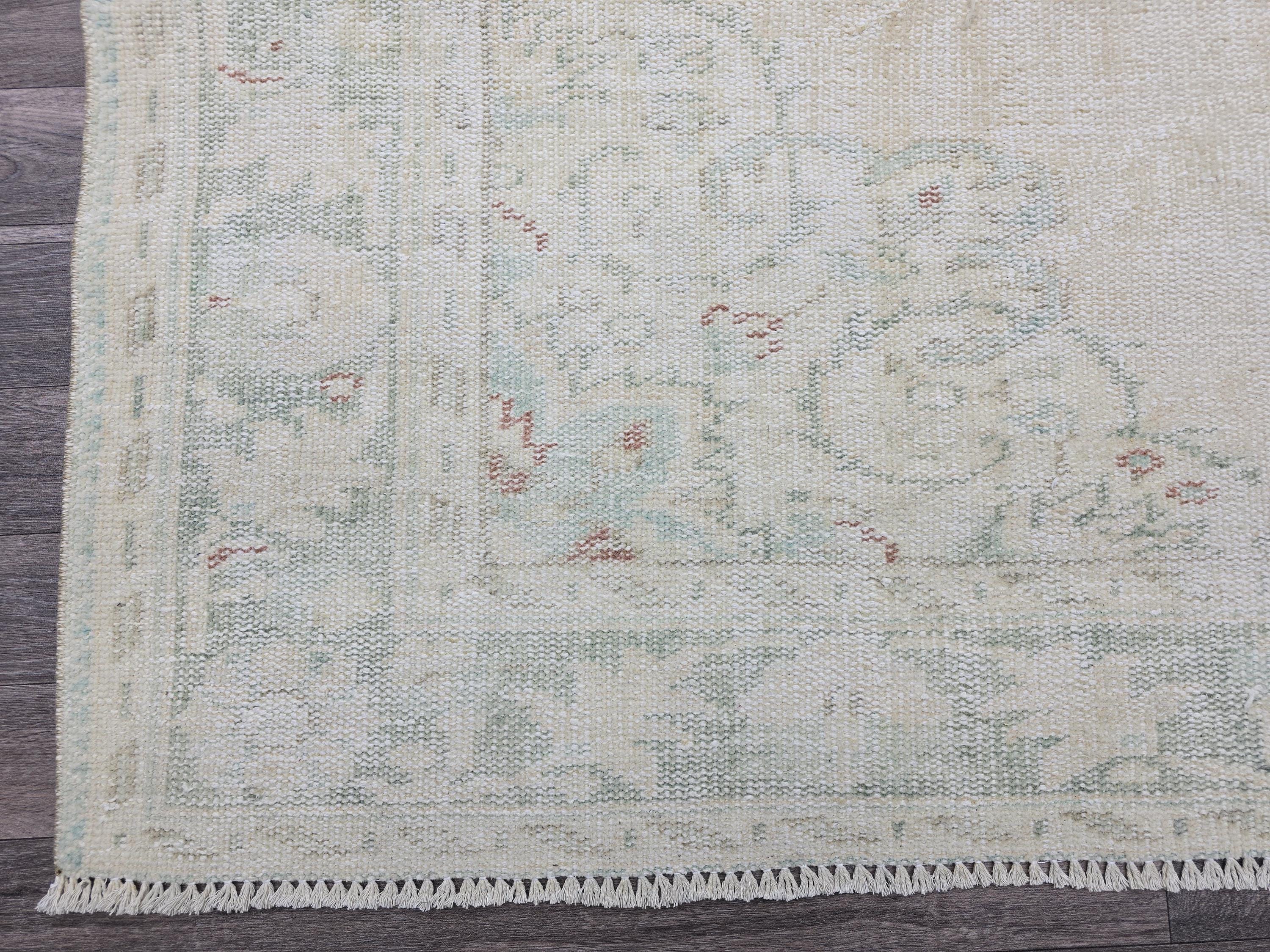 Vintage Oushak Rug 6x9: Hand-Knotted Turkish Wool Rug, Cream & Mint