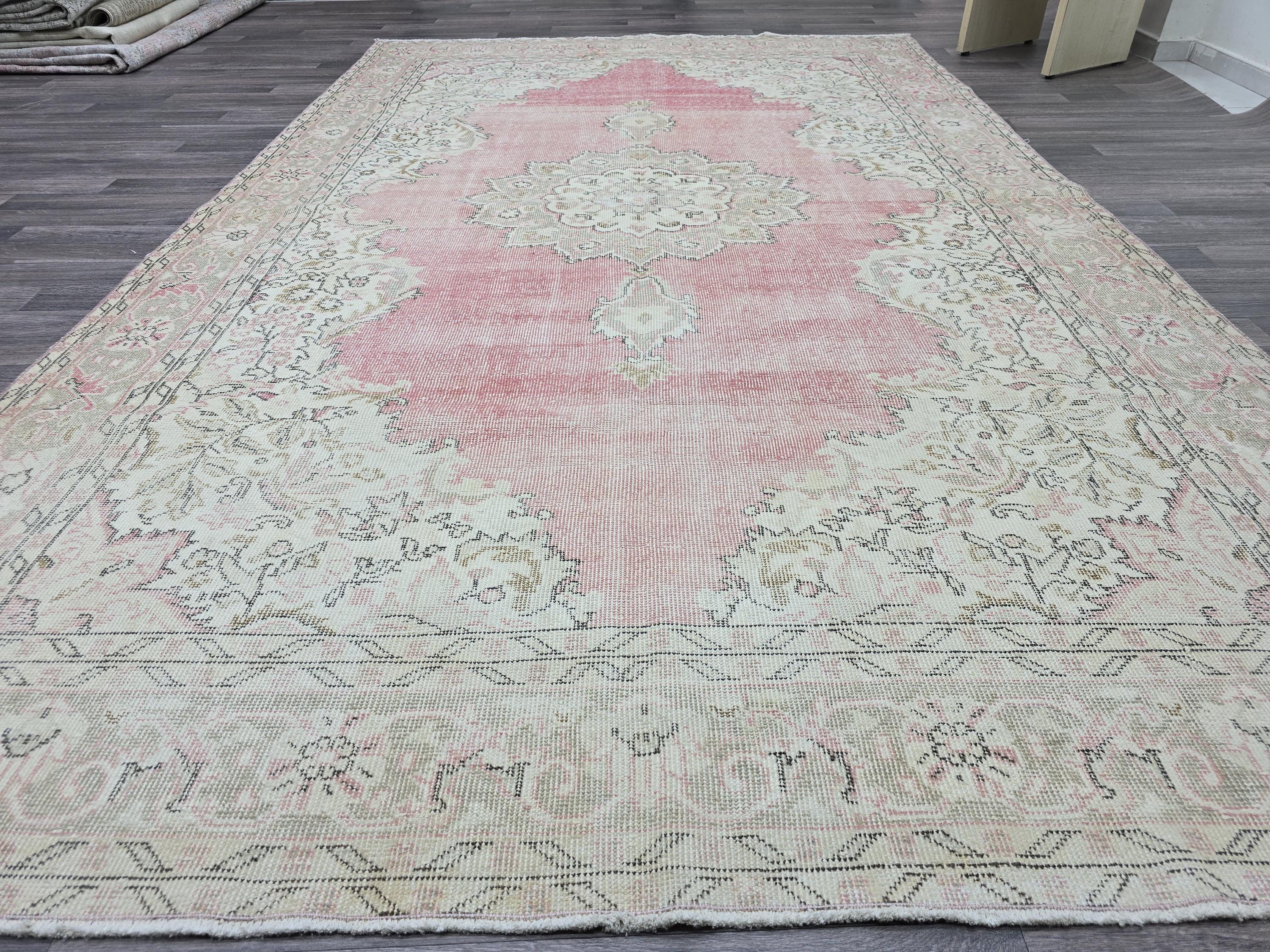 Pink Turkish Rug 7x11 Vintage Oushak Area Rug Distressed Medallion Living Room Large Carpet