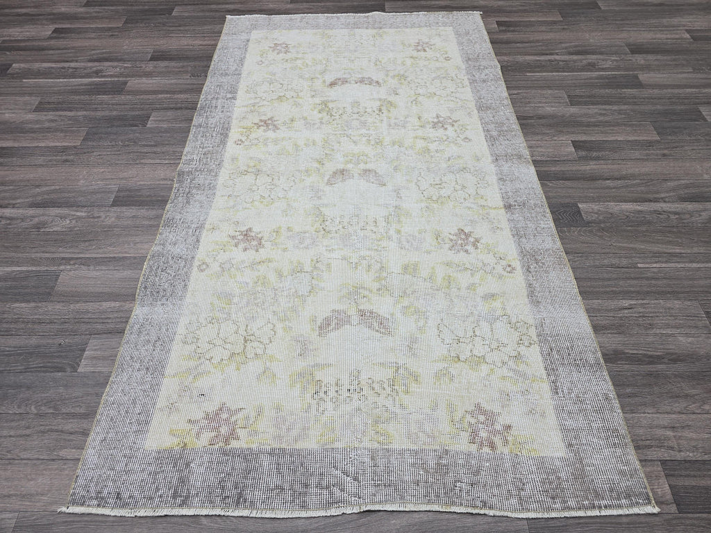 Vintage Oushak Rug: 4x7 Handknotted Wool Ivory Cream Floral Turkish Carpet