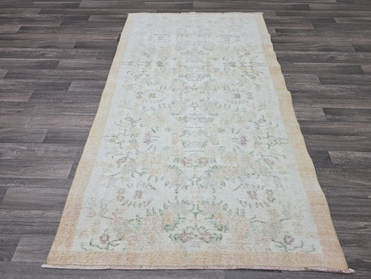 4x6 Vintage Turkish Oushak Rug: Hand-Knotted Wool, Cream Beige Floral