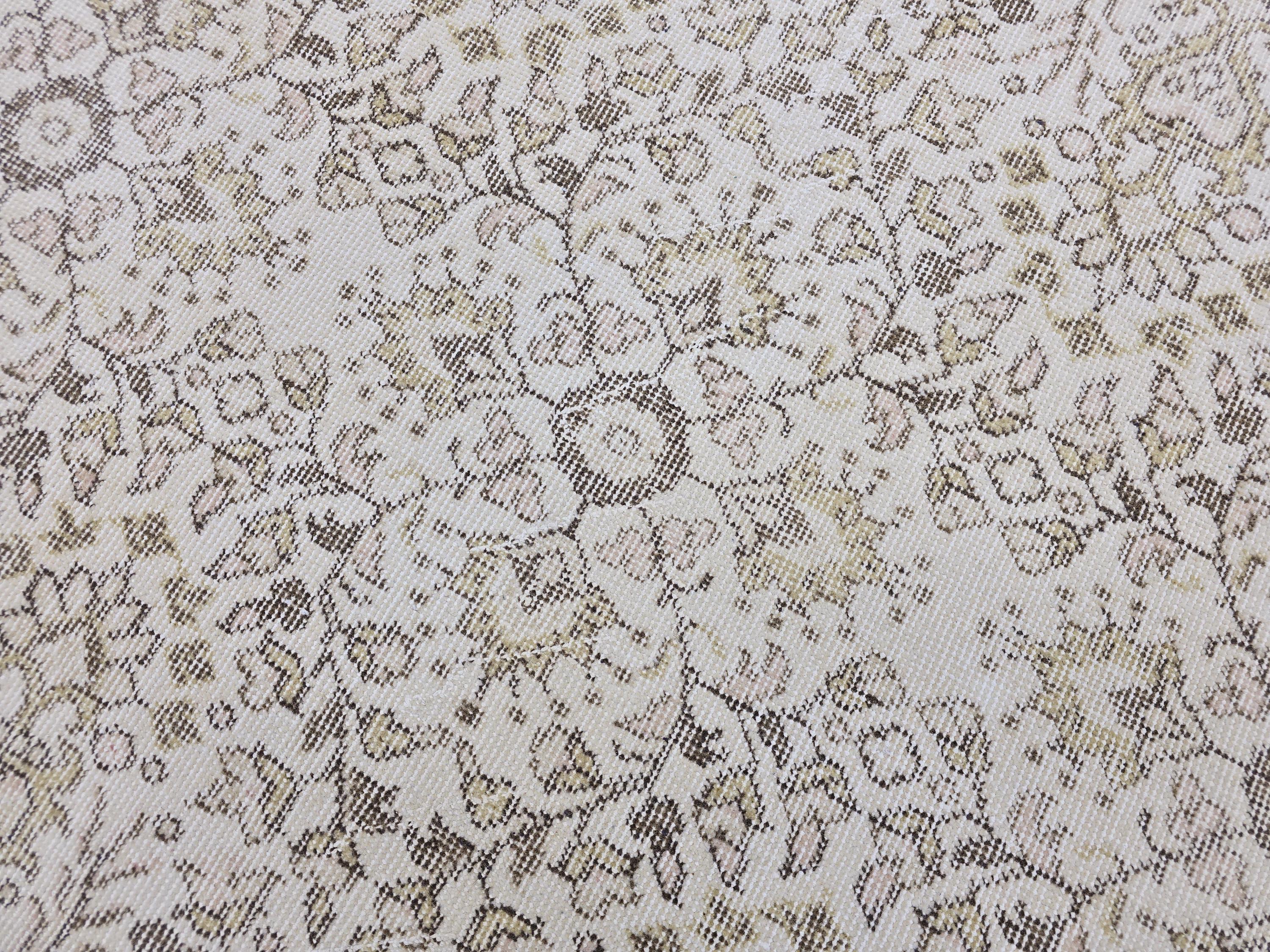 Vintage Turkish Oushak Runner Rug 4x7: Beige Wool Hallway Carpet