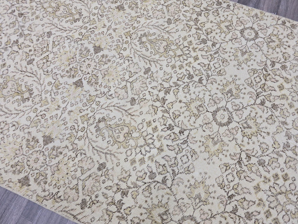 Vintage Turkish Oushak Runner Rug 4x7: Beige Wool Hallway Carpet
