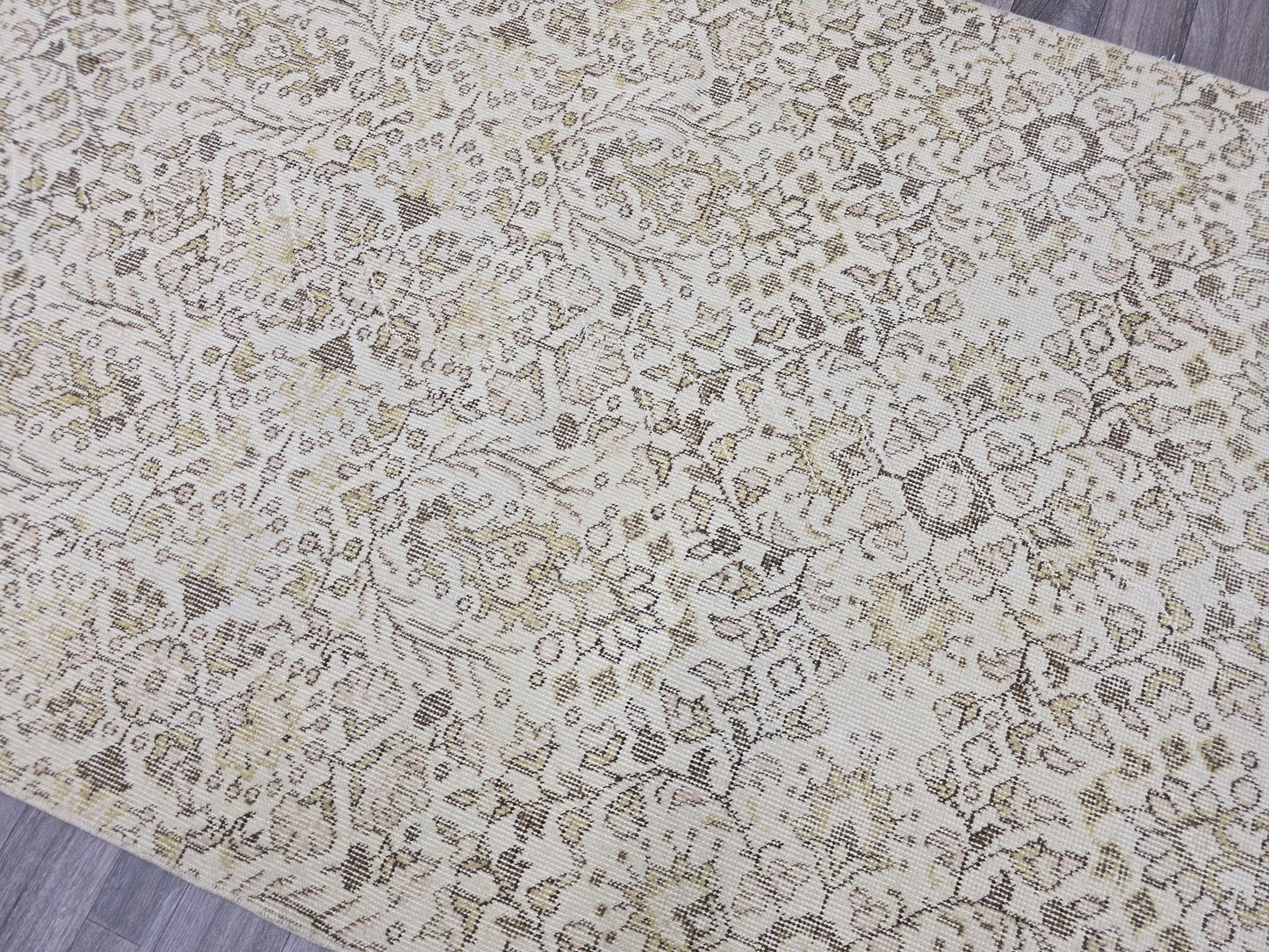 Vintage Turkish Rug 4x7 Oushak Runner Beige Neutral Hallway Runner Distressed Area Rug Handmade Wool Carpet