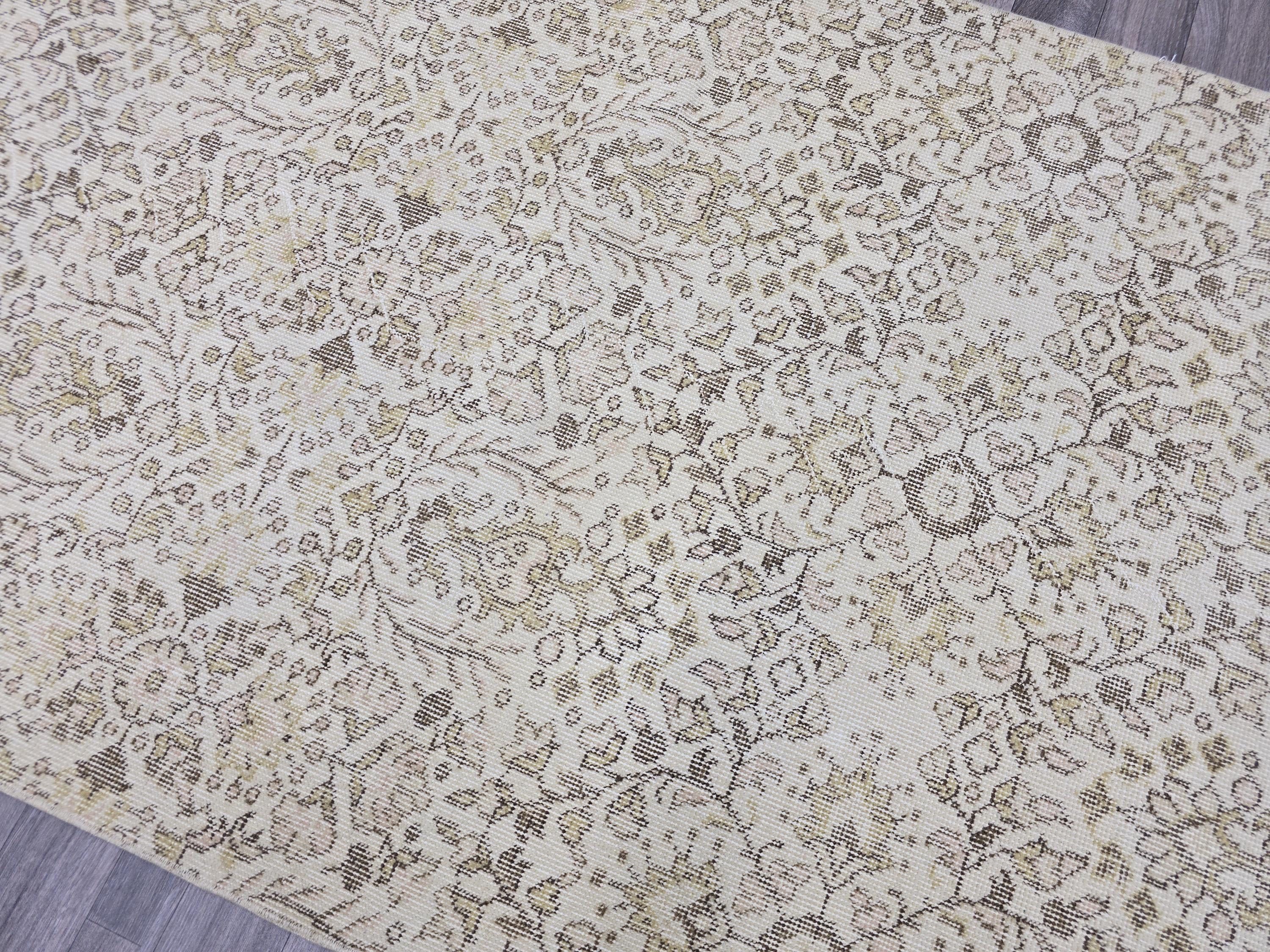 Vintage Turkish Oushak Runner Rug 4x7: Beige Wool Hallway Carpet