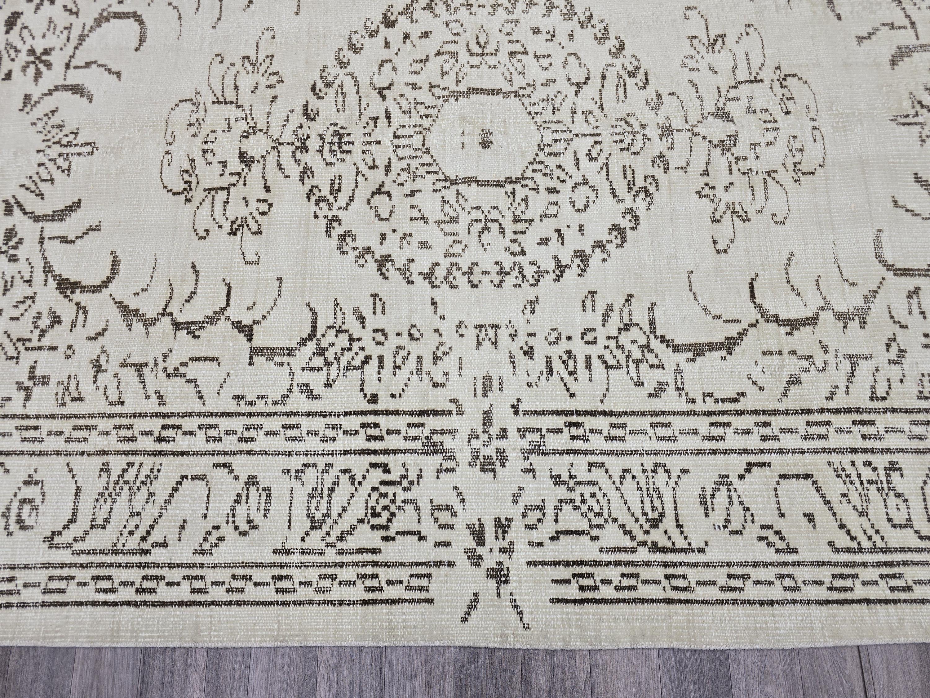 5x8 Vintage Oushak Rug: Cream & Brown Medallion, Handmade Wool