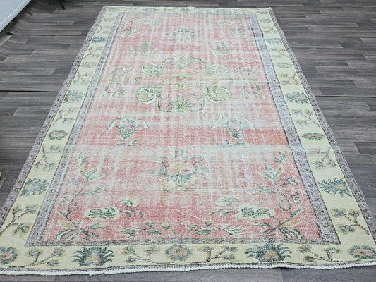 6x9 Vintage Turkish Oushak Rug: Pink Floral Wool Carpet