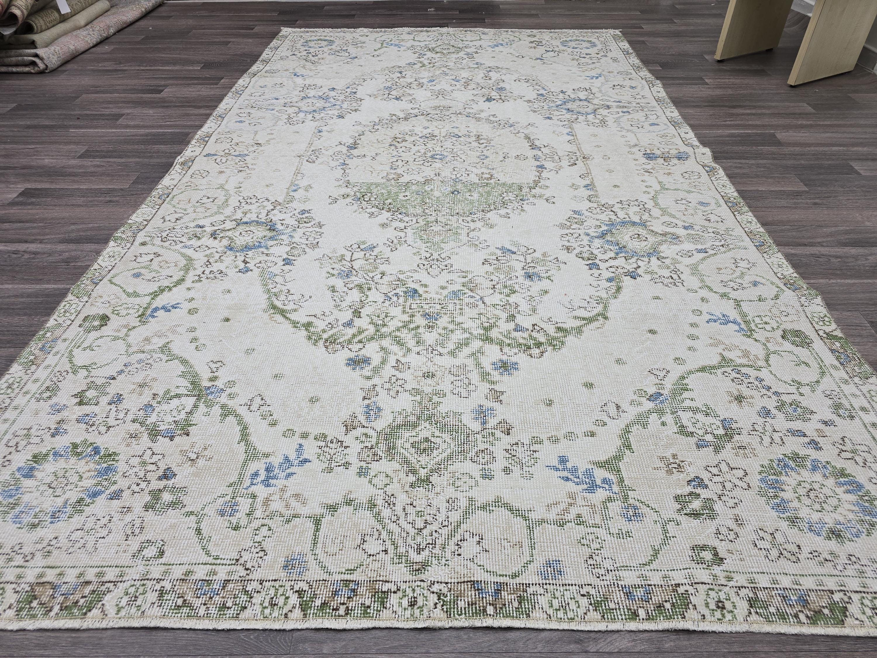 6x9 Vintage Turkish Oushak Rug: Handwoven Wool Cream Floral Carpet