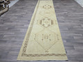 Vintage Persian Runner Rug: Cream Beige Wool Hallway Carpet (3.4x13.6 ft)