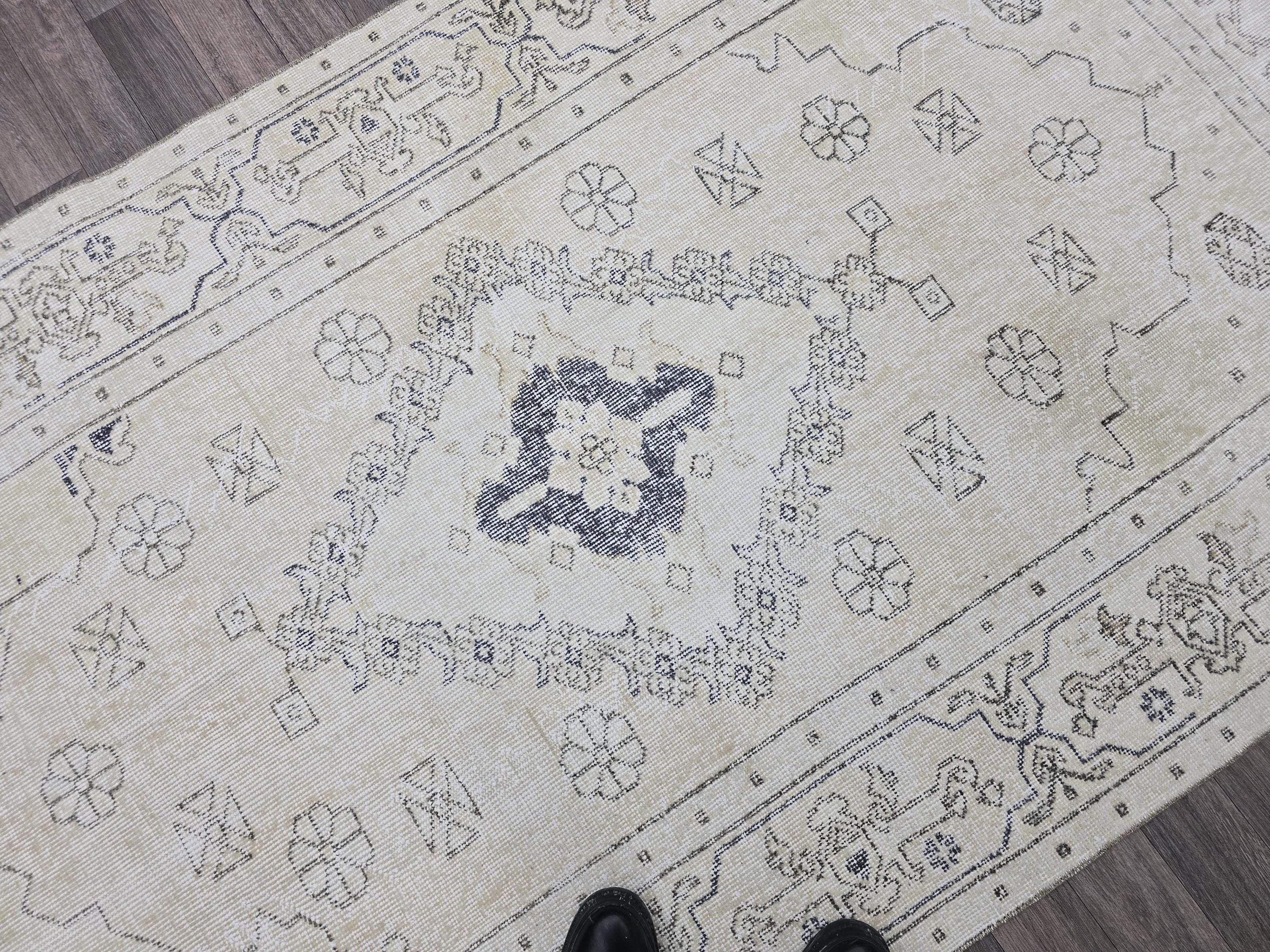 Vintage Turkish Oushak Rug: 4.3x7.7ft Hand-Knotted Wool Rug