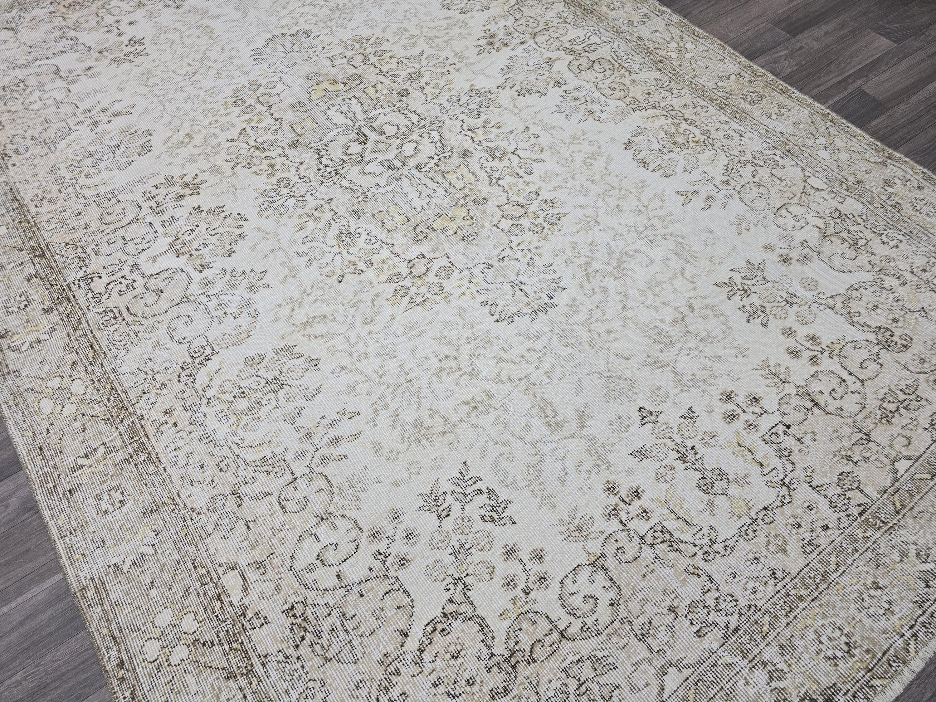 Vintage Turkish Oushak Rug: 6.5x9.5 ft, Beige Wool Floral Carpet