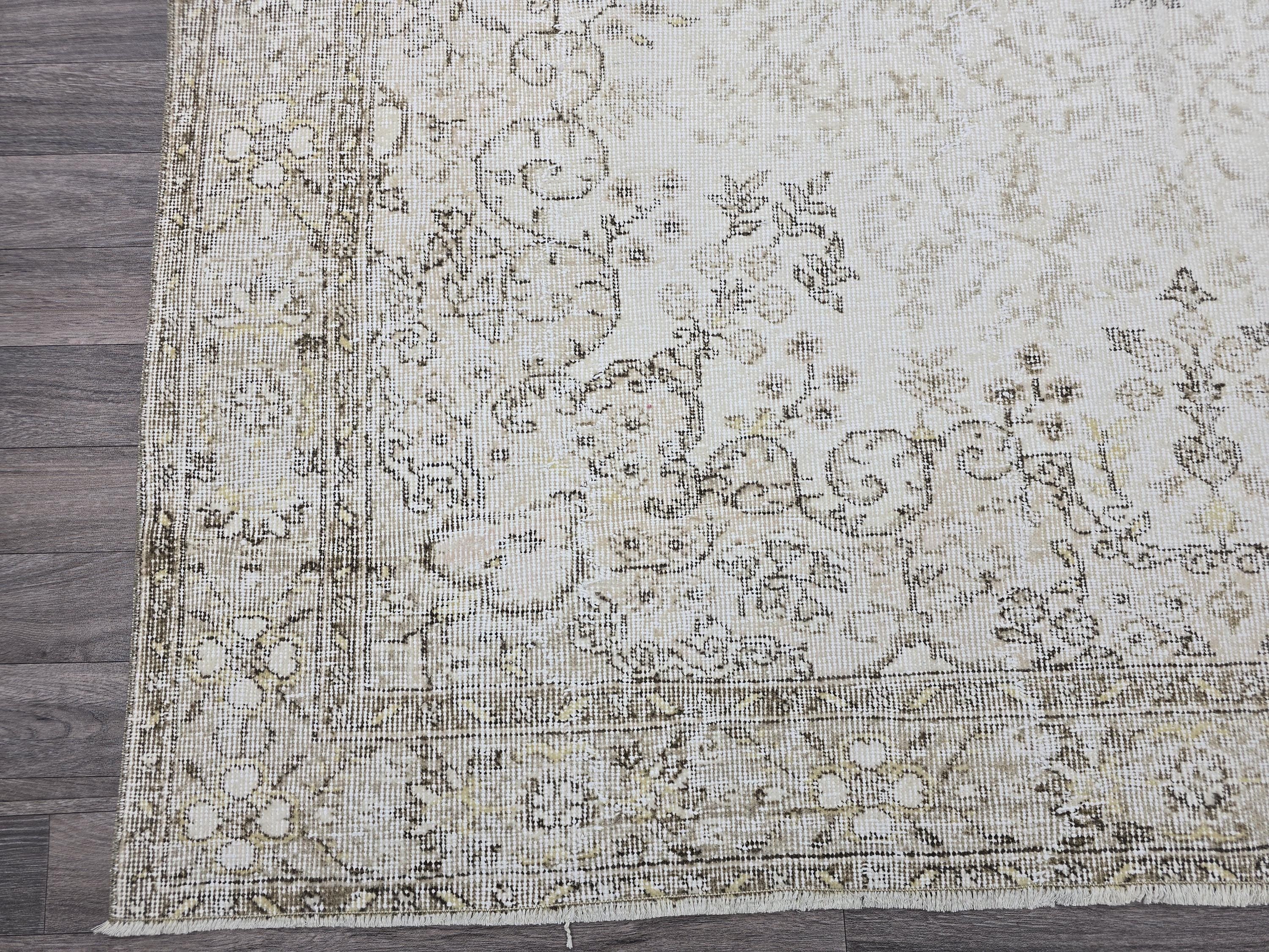 Vintage Turkish Oushak Rug: 6.5x9.5 ft, Beige Wool Floral Carpet
