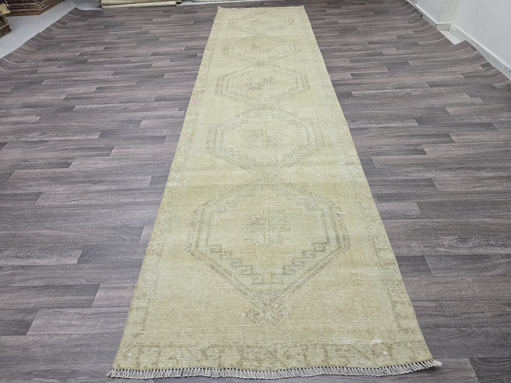 Vintage Turkish Oushak Runner Rug: 3x13 ft Beige Wool Hallway Carpet