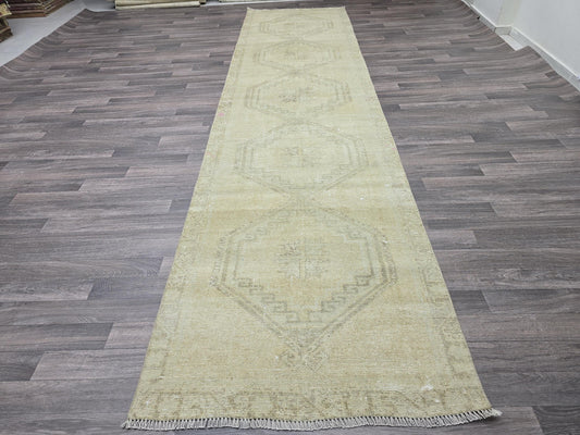 3x13 Vintage Turkish Runner Rug 3x13 ft Muted Oushak Hallway Runner Beige Cream Wool Rug Extra Long Runner Carpet
