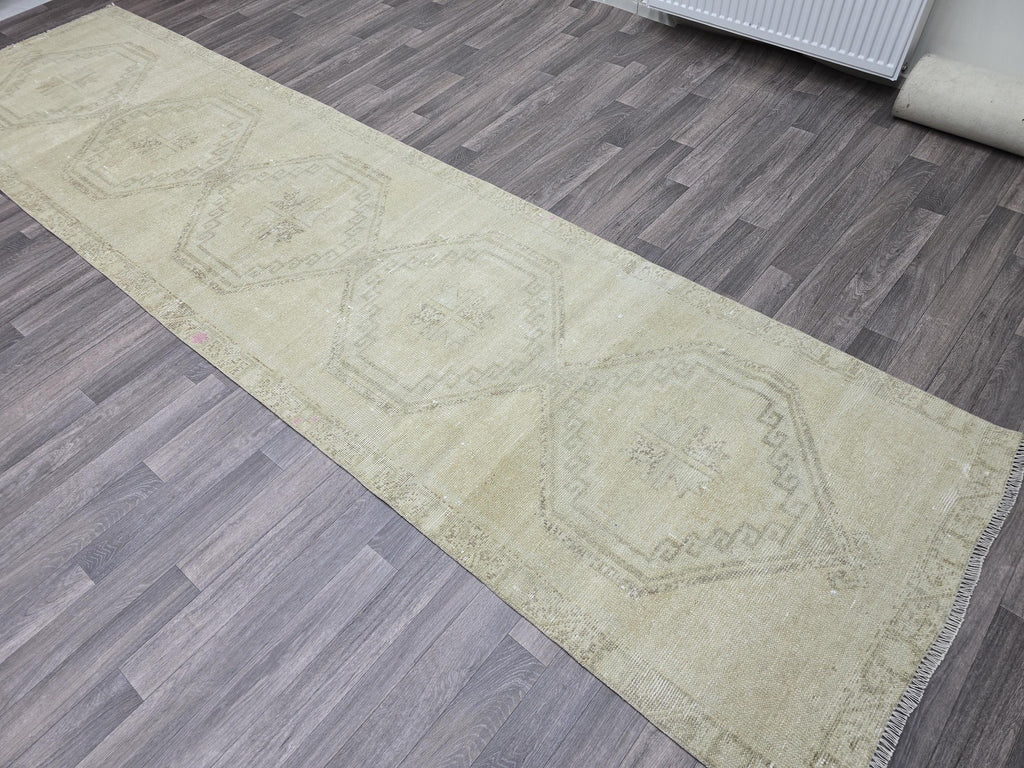 Vintage Turkish Oushak Runner Rug: 3x13 ft Beige Wool Hallway Carpet