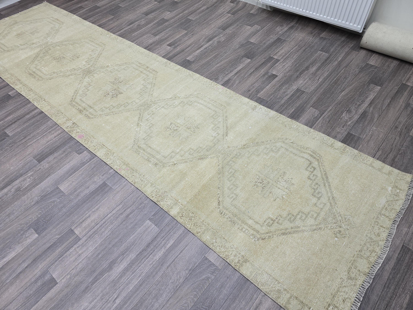 3x13 Vintage Turkish Runner Rug 3x13 ft Muted Oushak Hallway Runner Beige Cream Wool Rug Extra Long Runner Carpet