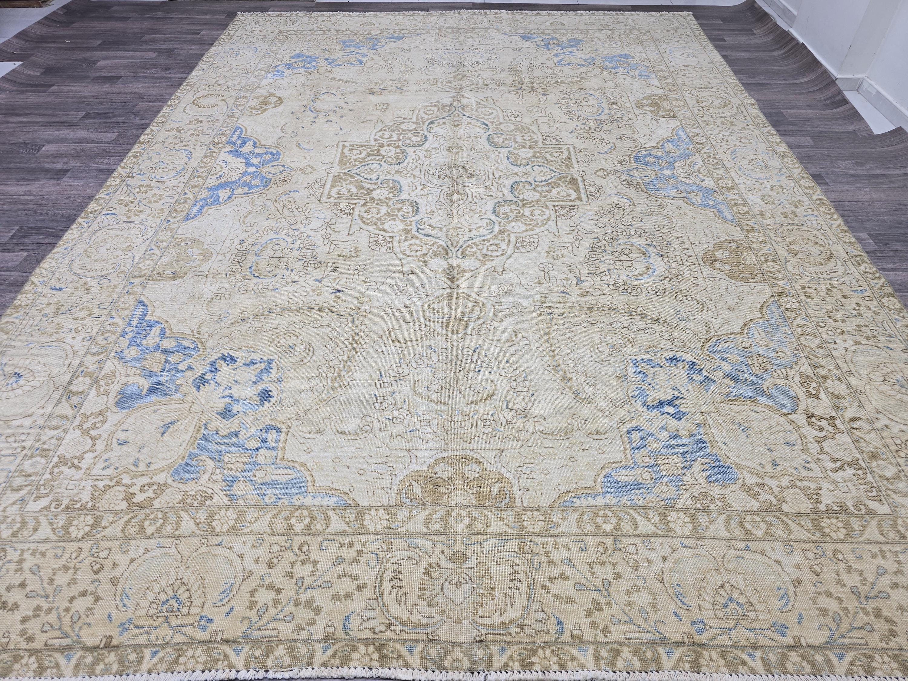 Oversized Vintage Turkish Rug 9x12: Hand-Knotted Distressed Beige Blue Rug