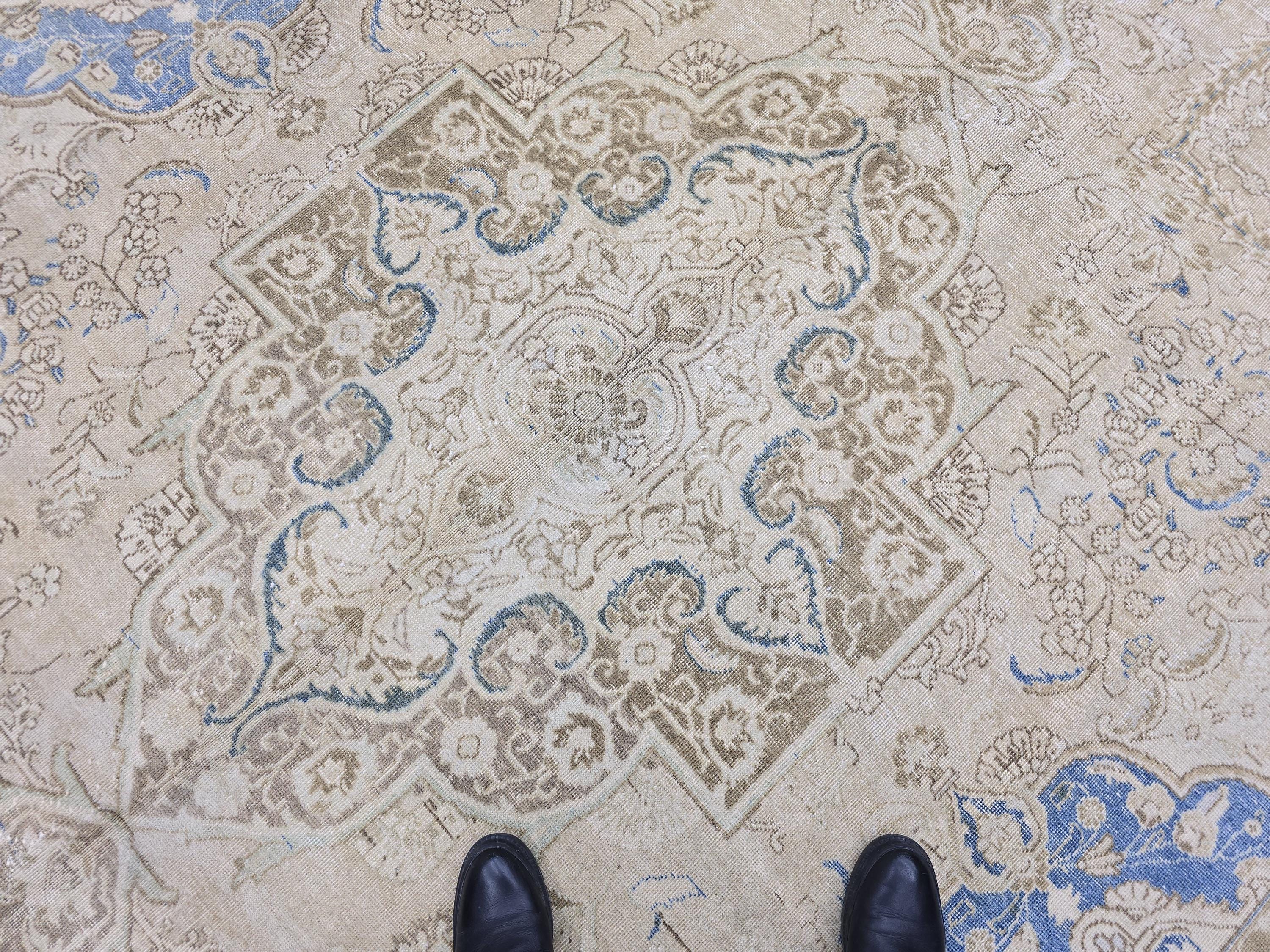 Oversized Vintage Turkish Rug 9x12: Hand-Knotted Distressed Beige Blue Rug