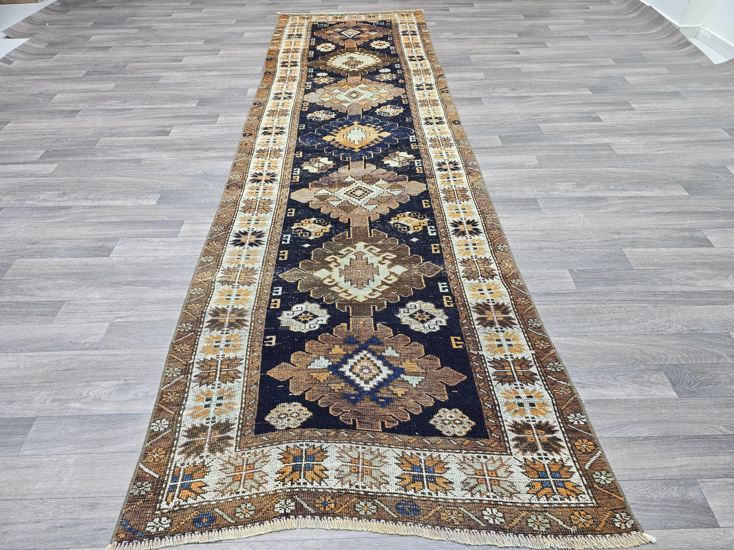 Vintage Turkish Runner Rug 3.4x11 ft Navy Blue Oushak Runner Handmade Wool Hallway Runner Geometric Floral Persian Rug Runner