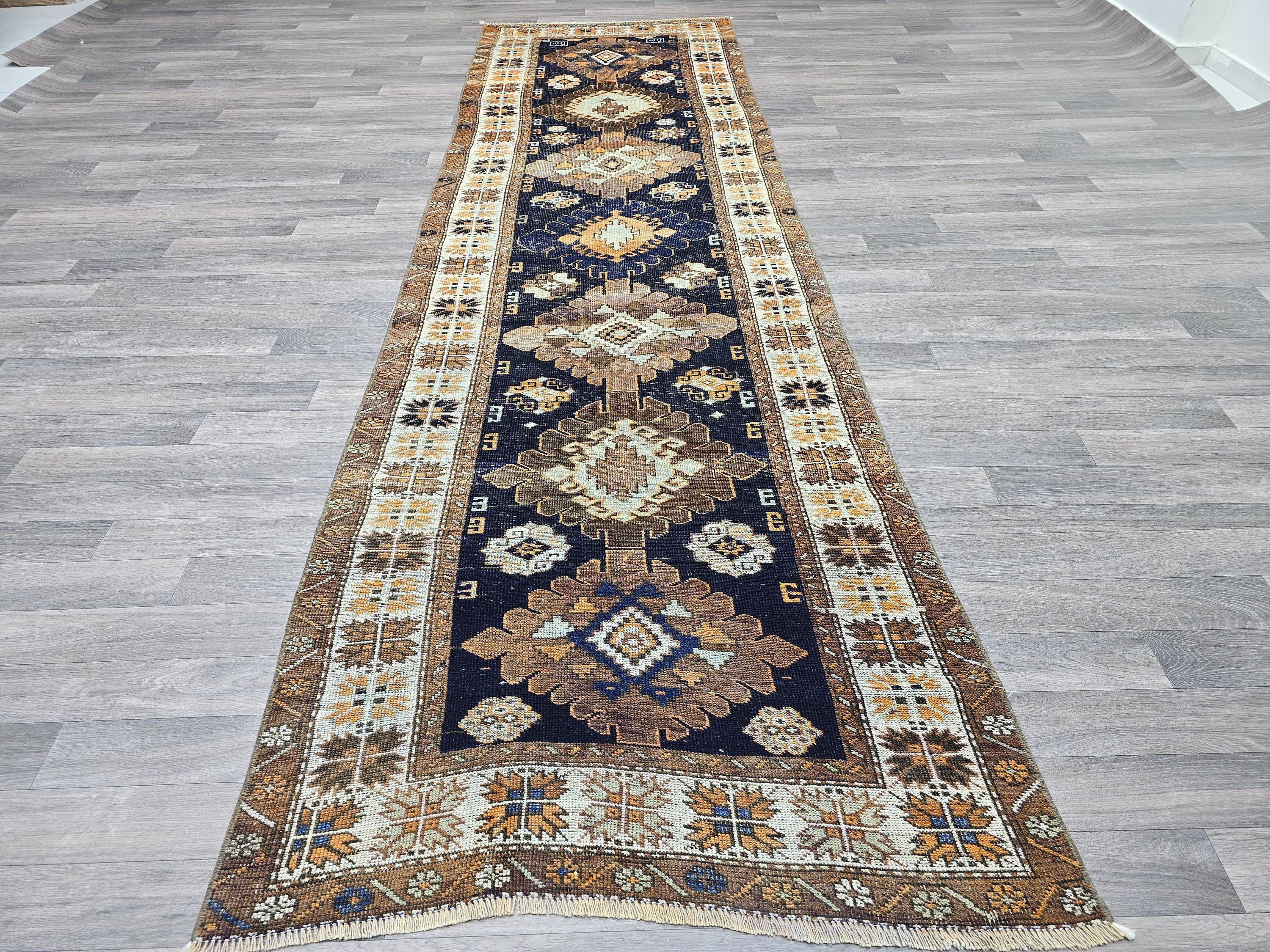 Vintage Turkish Runner Rug: 3.4x11 ft, Navy Blue Oushak Wool Hallway Rug