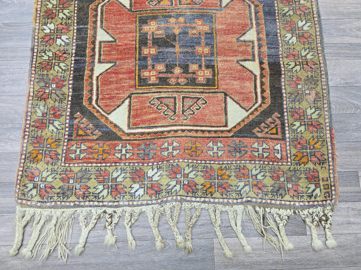 Antique Turkish Runner Rug 3.4x11.5 ft Handknotted Wool Hallway Runner Vintage Oushak Carpet Orange Navy Geometric Persian Rug Runner