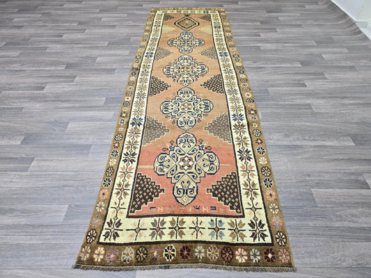 3x10 Vintage Turkish Runner Rug 3x10 ft, Handmade Wool Hallway Runner, Brown Oushak Runner, Persian Rug Runner for Kitchen Corridor Entry
